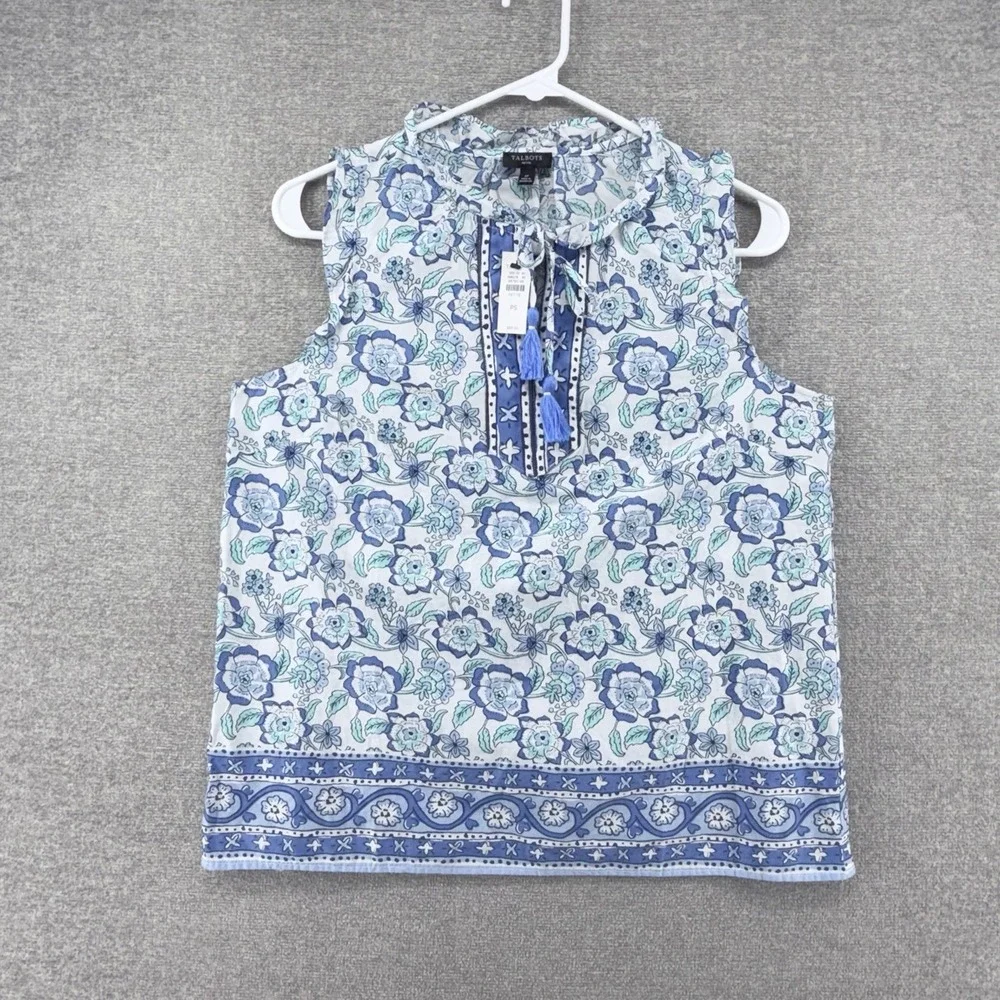 Talbots Blouse Top Women Size Small Petite Blue Floral Sleeveless Tasseled NEW
